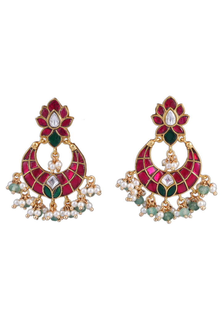 Unique and Stylish Floral Pattern Jadau Kundan Chandbali Earrings With Pearl and Green Beads Hangings