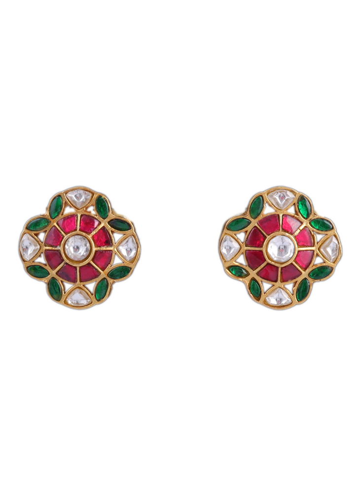 Charming Floral Motif Designer Jadau Kundan Stud Earrings