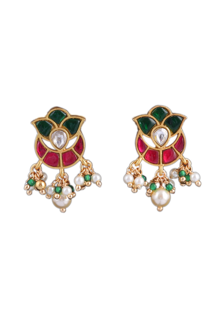 Pretty Looking Jadau Kundan Stud Earrings with Pearl and Hangings Beads