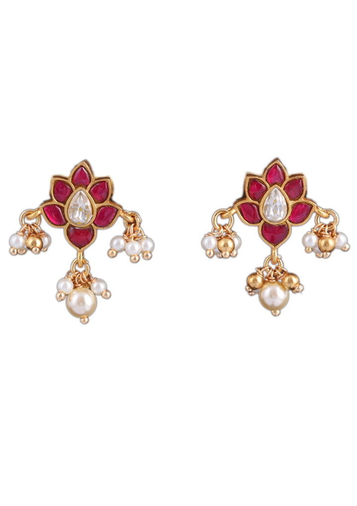 Floral Motif Little Jadau Kundan Stud Earrings with Pearl beads Hangings
