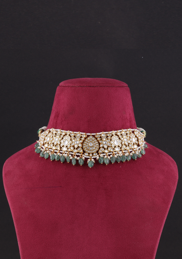 Lavanya White Jadau Kundan Statement Choker Necklace With Emerald Bead Hangings