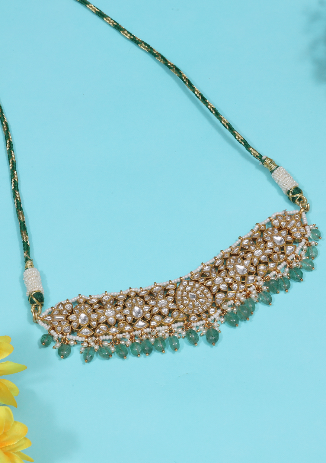Lavanya White Jadau Kundan Statement Choker Necklace With Emerald Bead Hangings
