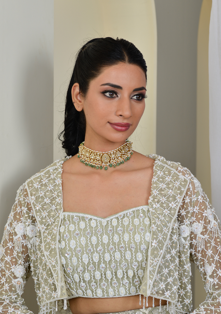 Lavanya White Jadau Kundan Statement Choker Necklace With Emerald Bead Hangings