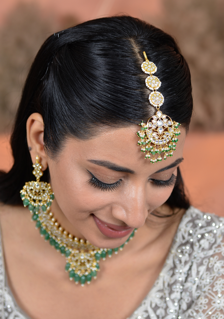 Bhavisha White Designer Maangtikka with Green Hangings