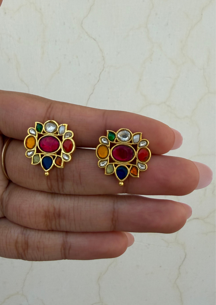 Sadabahaar Jadau Kundan Navrathna Stud Earrings
