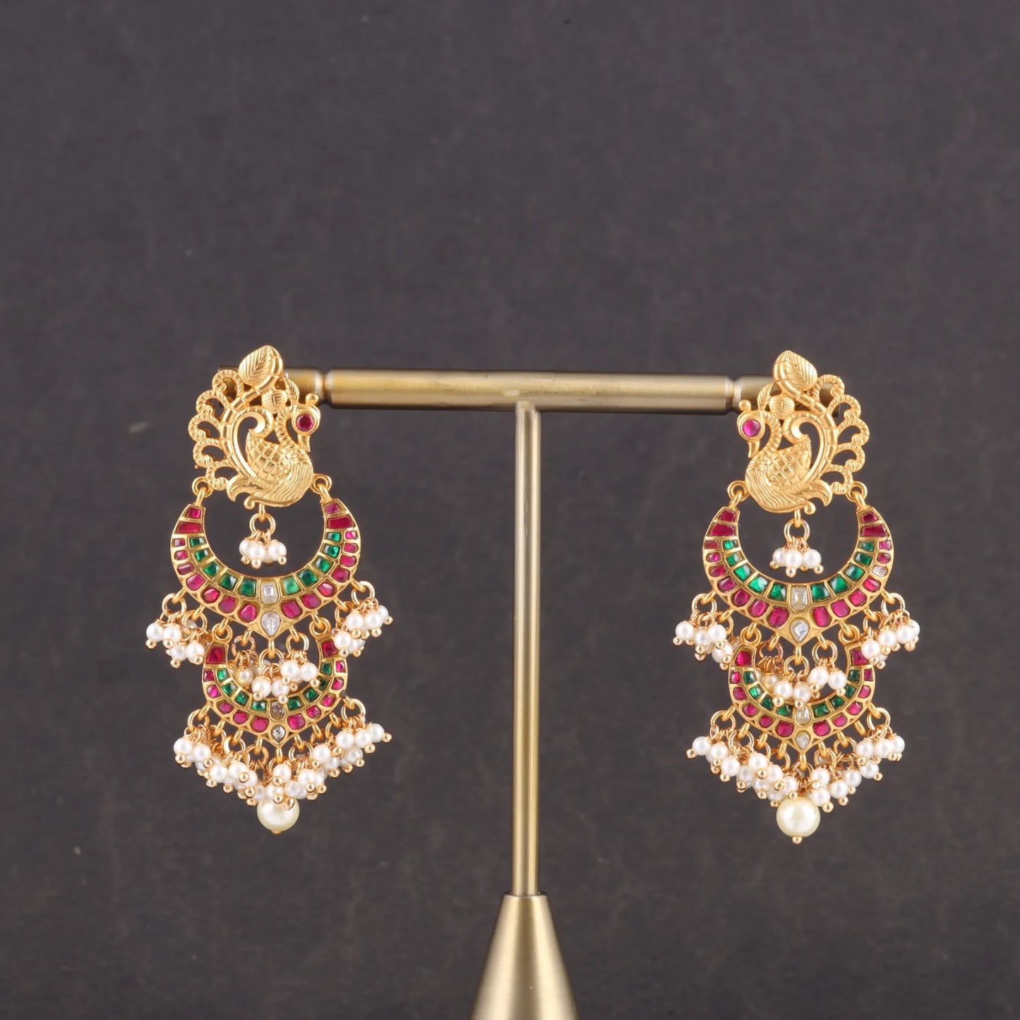 Real Jadau Kundan Double Chandbali Earrings with Peacock Motif