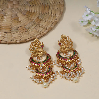 Real Jadau Kundan Double Chandbali Earrings with Peacock Motif