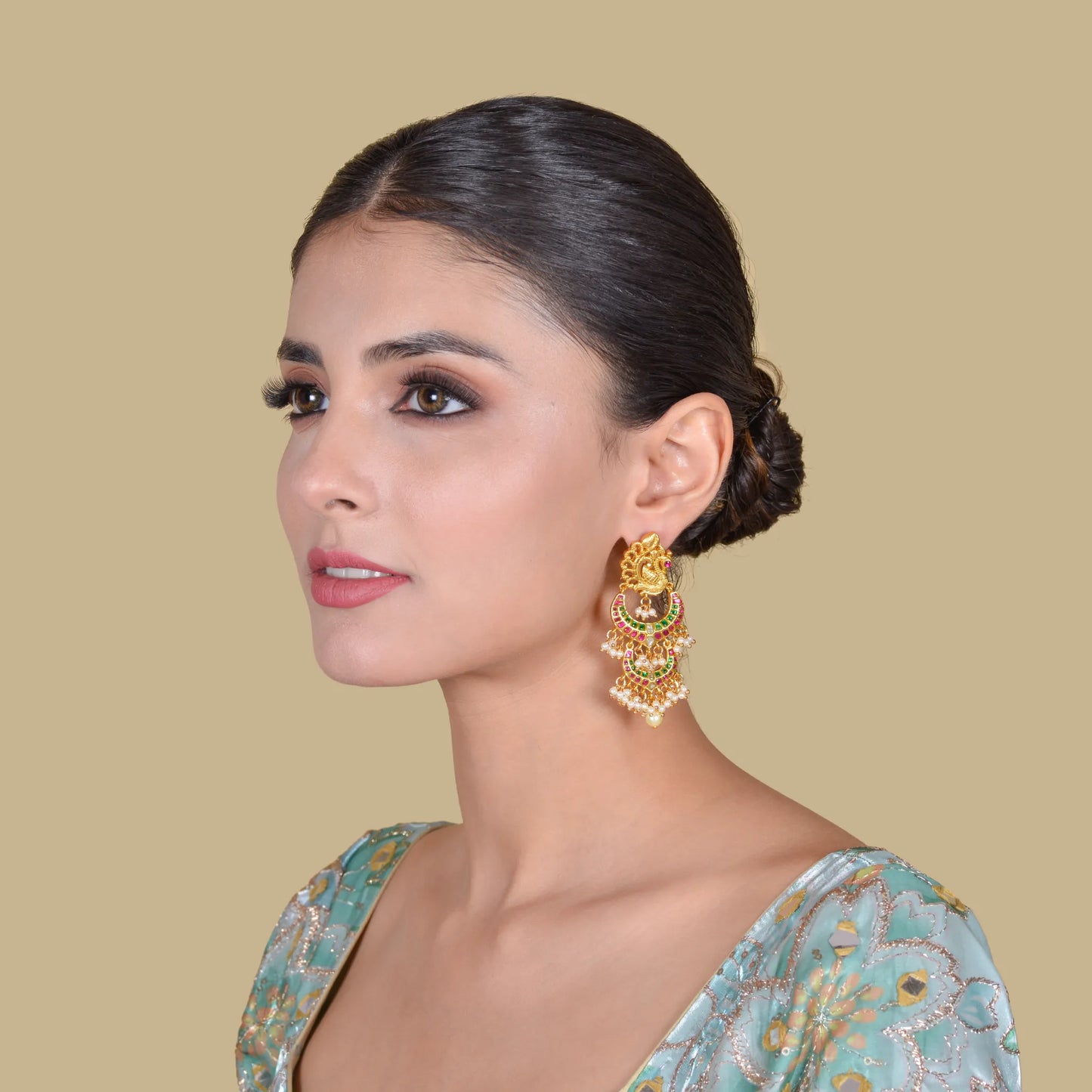 Real Jadau Kundan Double Chandbali Earrings with Peacock Motif