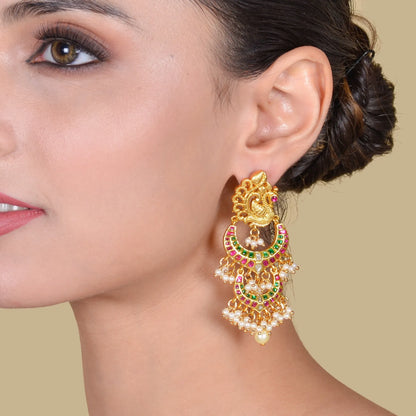 Real Jadau Kundan Double Chandbali Earrings with Peacock Motif