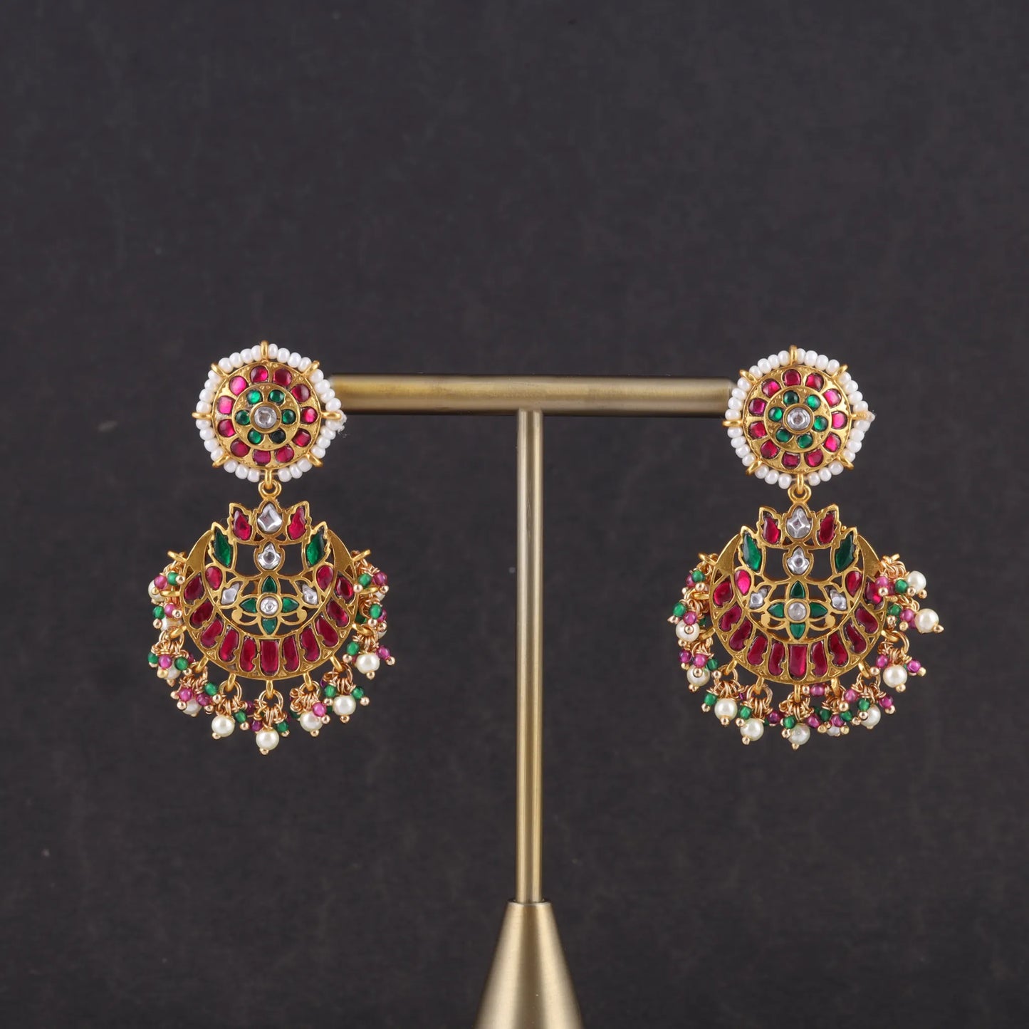 Elegant Floral Jadau Kundan Chandbali Earrings with Pearls and  Beads Hangings