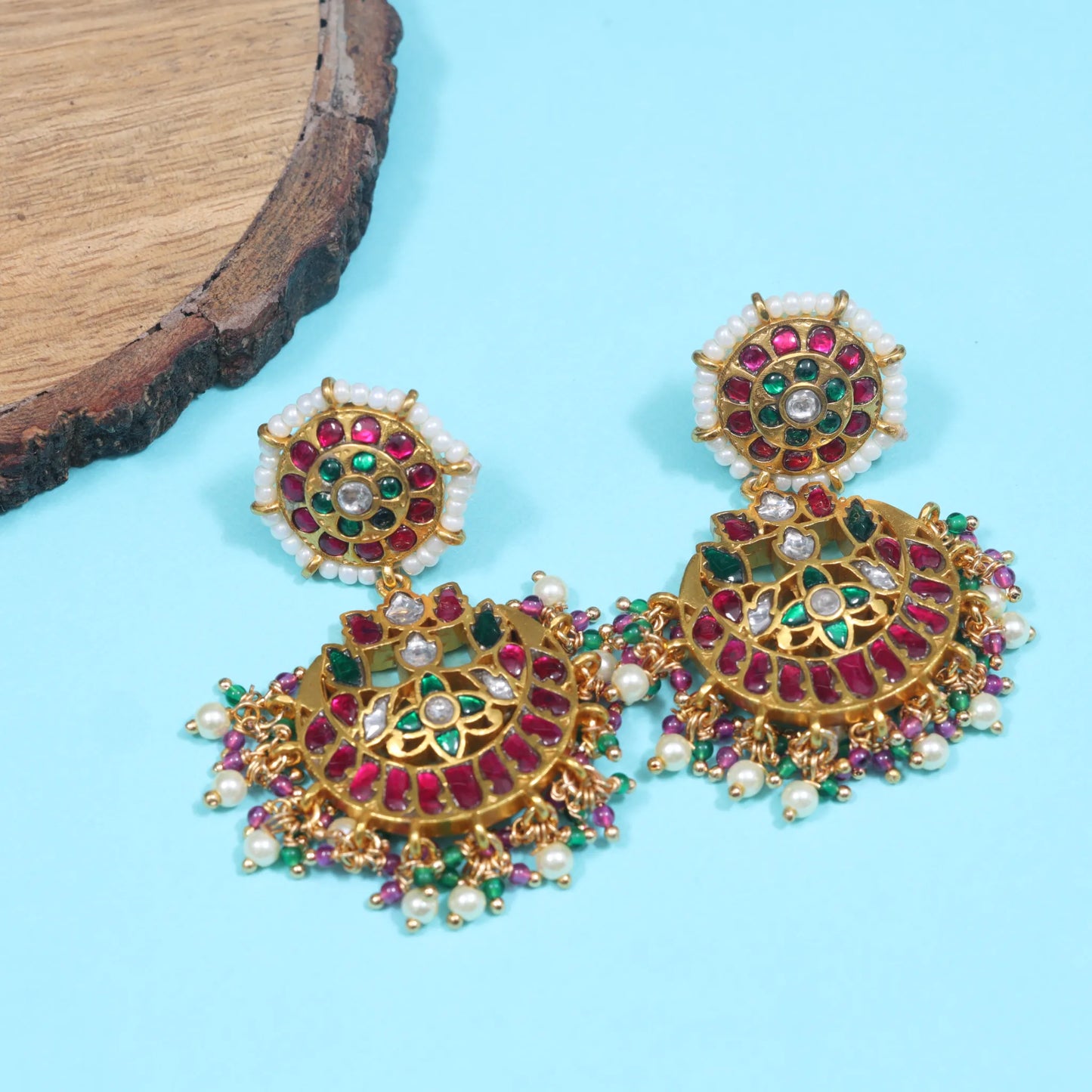 Elegant Floral Jadau Kundan Chandbali Earrings with Pearls and  Beads Hangings