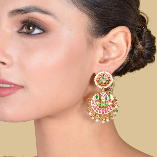 Elegant Floral Jadau Kundan Chandbali Earrings with Pearls and  Beads Hangings