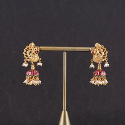 Traditional Peacock Jadau Kundan  Jhumka Earrings with Hanging Pearls