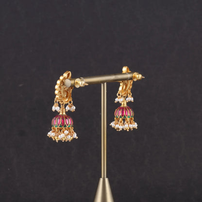 Traditional Peacock Jadau Kundan  Jhumka Earrings with Hanging Pearls