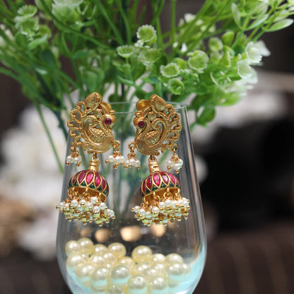 Traditional Peacock Jadau Kundan  Jhumka Earrings with Hanging Pearls