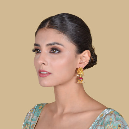 Traditional Peacock Jadau Kundan  Jhumka Earrings with Hanging Pearls