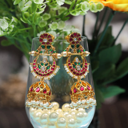 Traditional Classic Jadau Kundan Chandbali Earrings Jhumka with Pearl Hangings