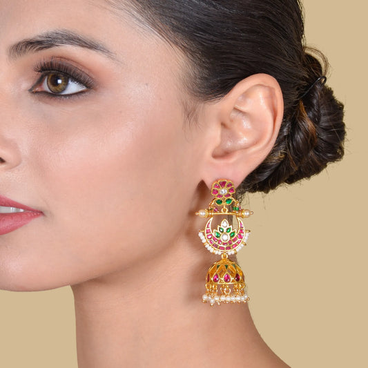 Traditional Classic Jadau Kundan Chandbali Earrings Jhumka with Pearl Hangings