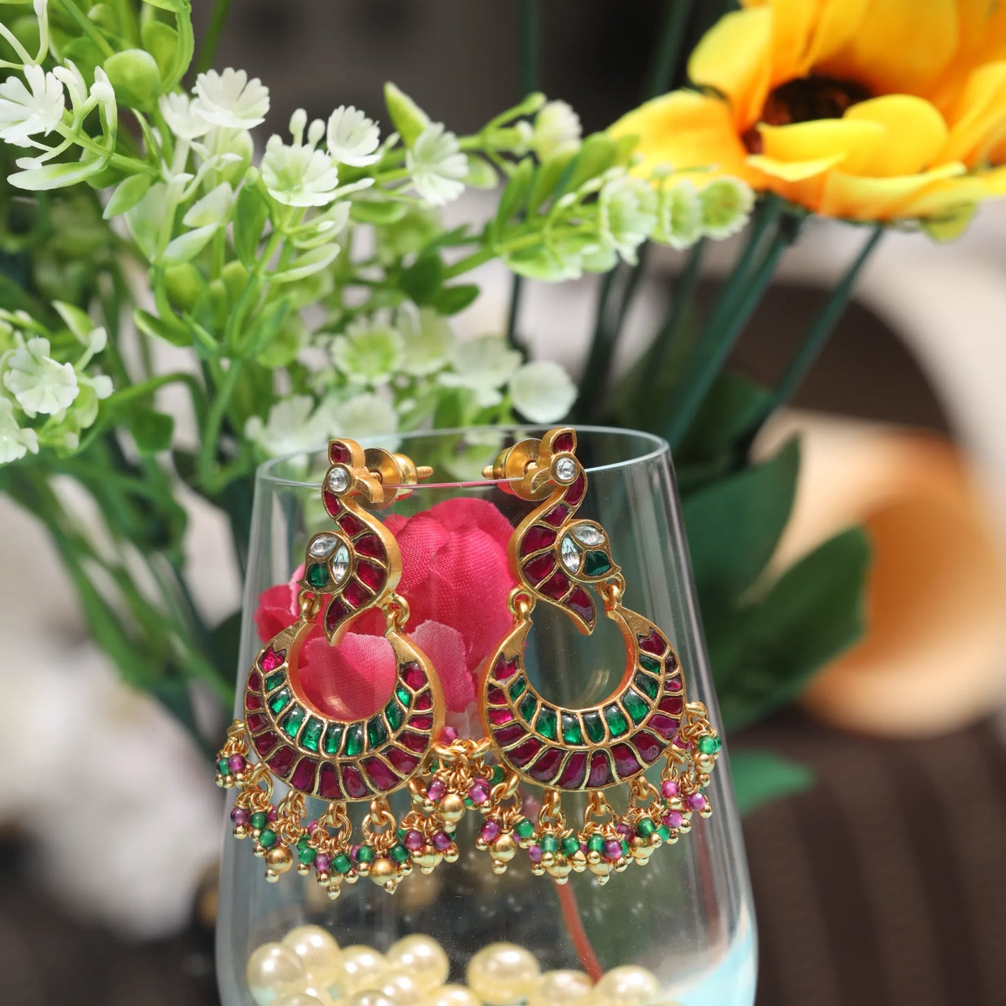 Designer Elegant Peacock Jadau Kundan Chandbali Earrings