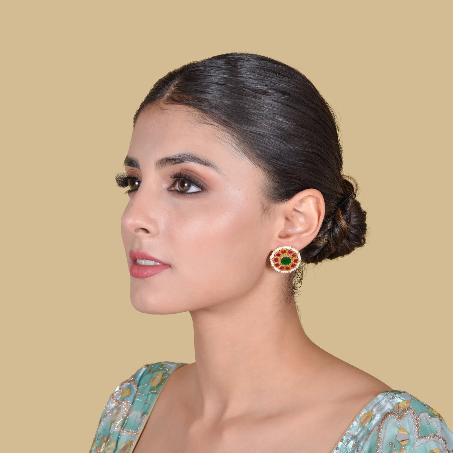 Floral Round Jadau Kundan Stud Earrings