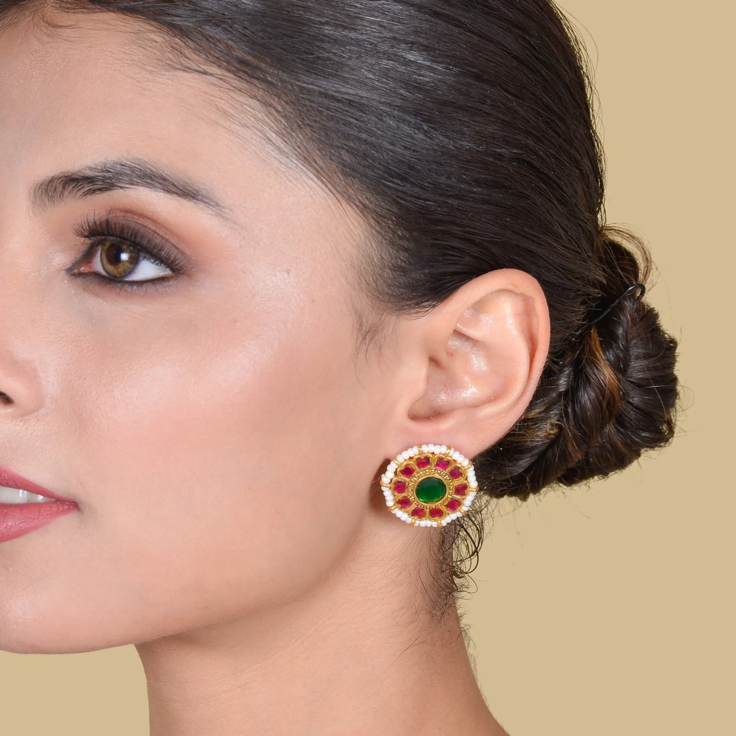 Floral Round Jadau Kundan Stud Earrings