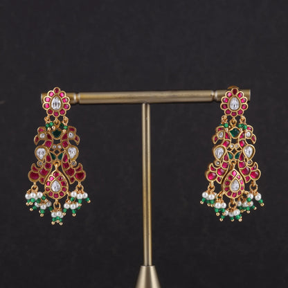 Bridal Classic Peacock Real Jadau Kundan Earrings with Pearls and Beads Hangings