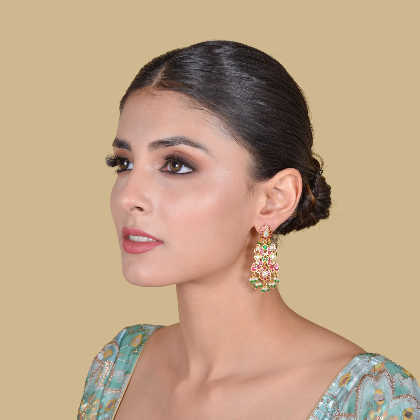 Bridal Classic Peacock Real Jadau Kundan Earrings with Pearls and Beads Hangings