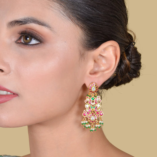 Bridal Classic Peacock Real Jadau Kundan Earrings with Pearls and Beads Hangings