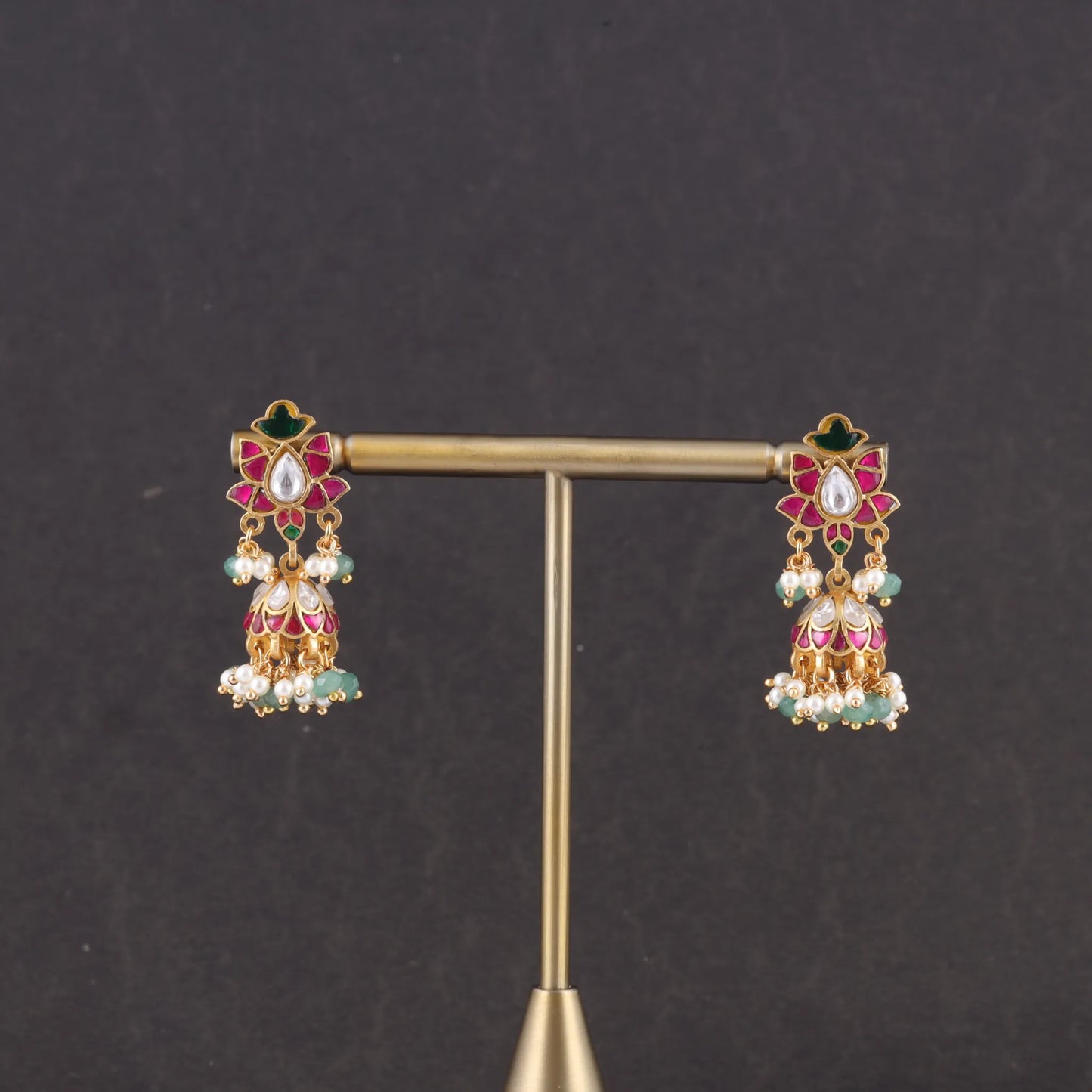 Classic Floral Jadau Kundan Jhumka Earrings with Emerald Green Beads and Pearl Hangings