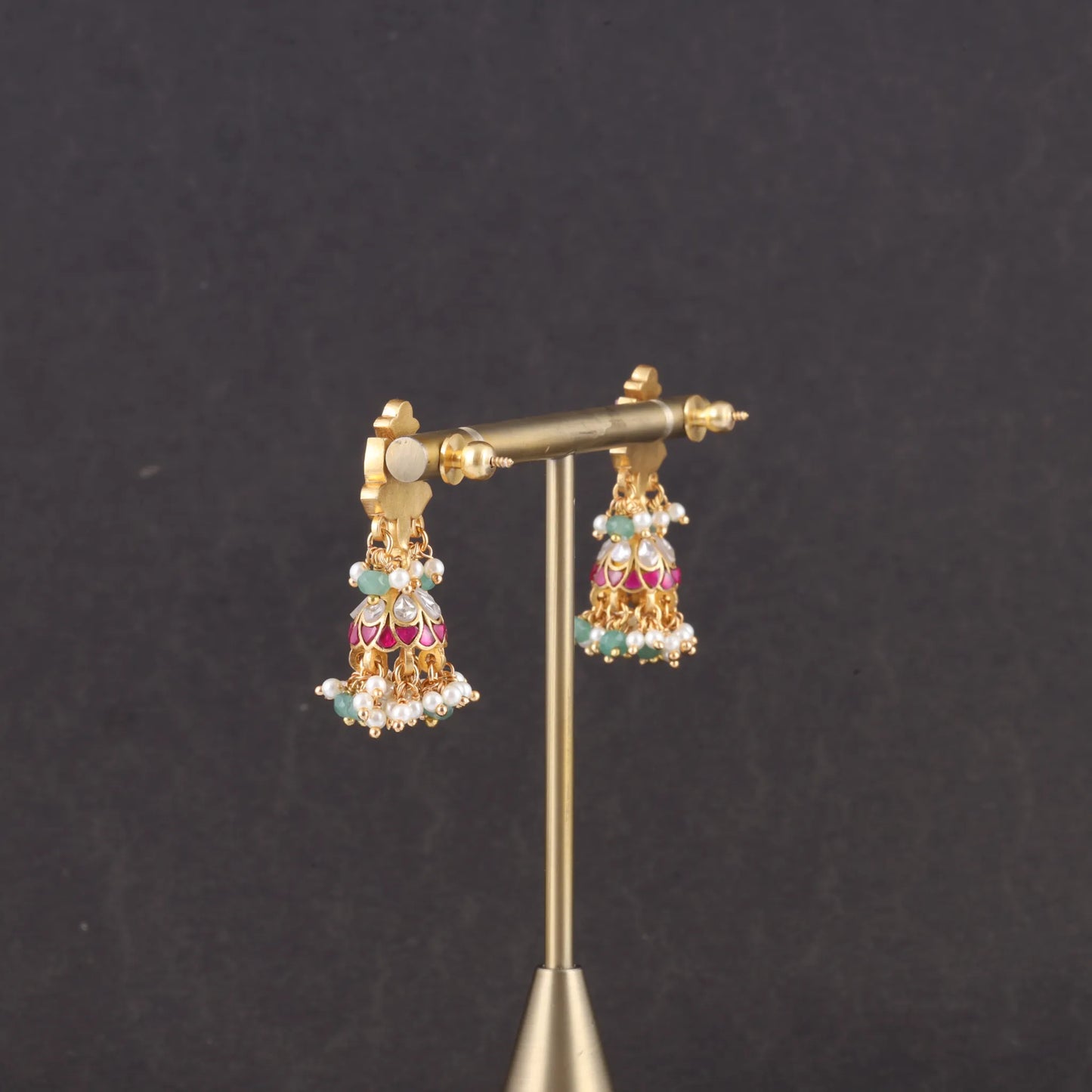 Classic Floral Jadau Kundan Jhumka Earrings with Emerald Green Beads and Pearl Hangings