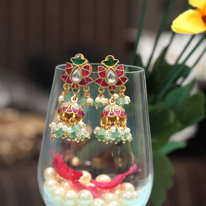 Classic Floral Jadau Kundan Jhumka Earrings with Emerald Green Beads and Pearl Hangings