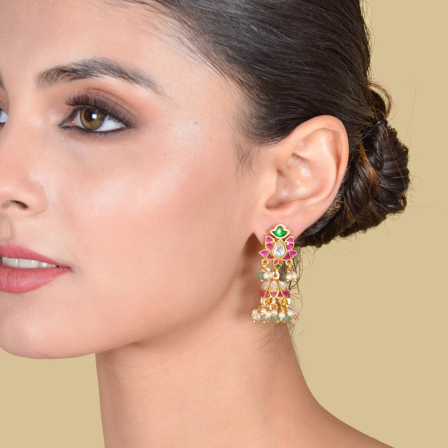 Classic Floral Jadau Kundan Jhumka Earrings with Emerald Green Beads and Pearl Hangings