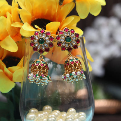 Elegant Floral Jadau Kundan Jhumka Earrings with Pearls and Beads