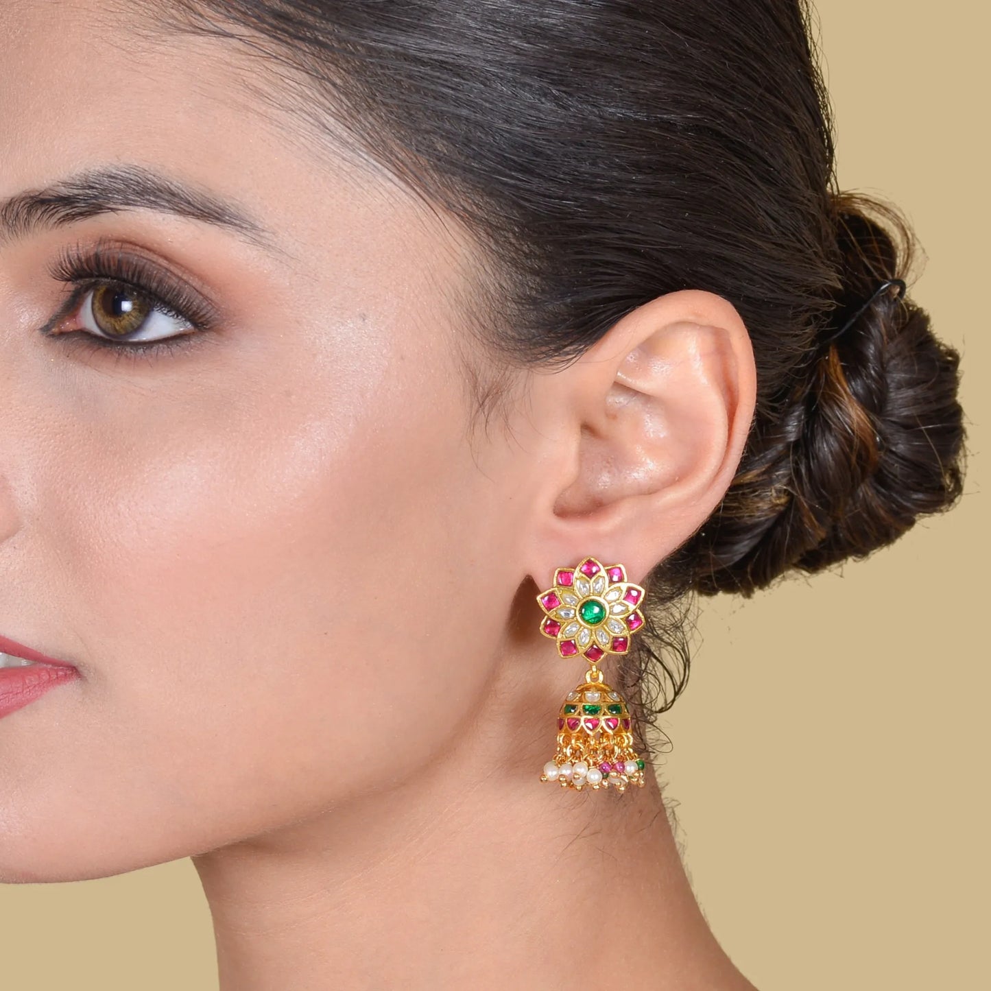 Elegant Floral Jadau Kundan Jhumka Earrings with Pearls and Beads