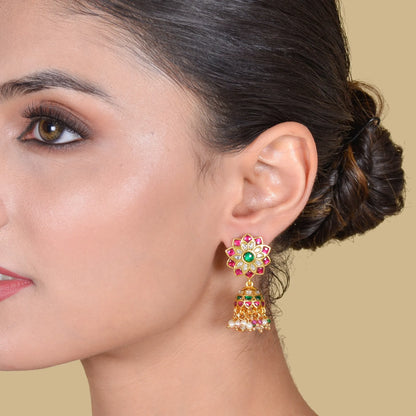 Elegant Floral Jadau Kundan Jhumka Earrings with Pearls and Beads