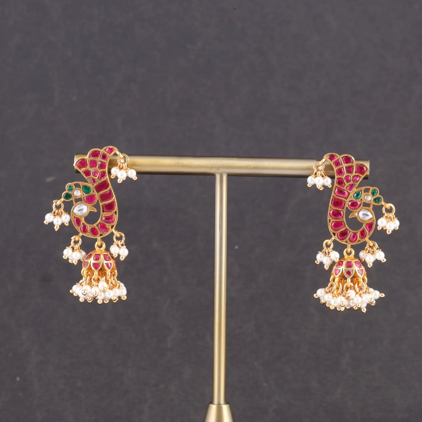 Peacock Motif Jadau Kundan Jhumka Earrings with Pearl Hangings