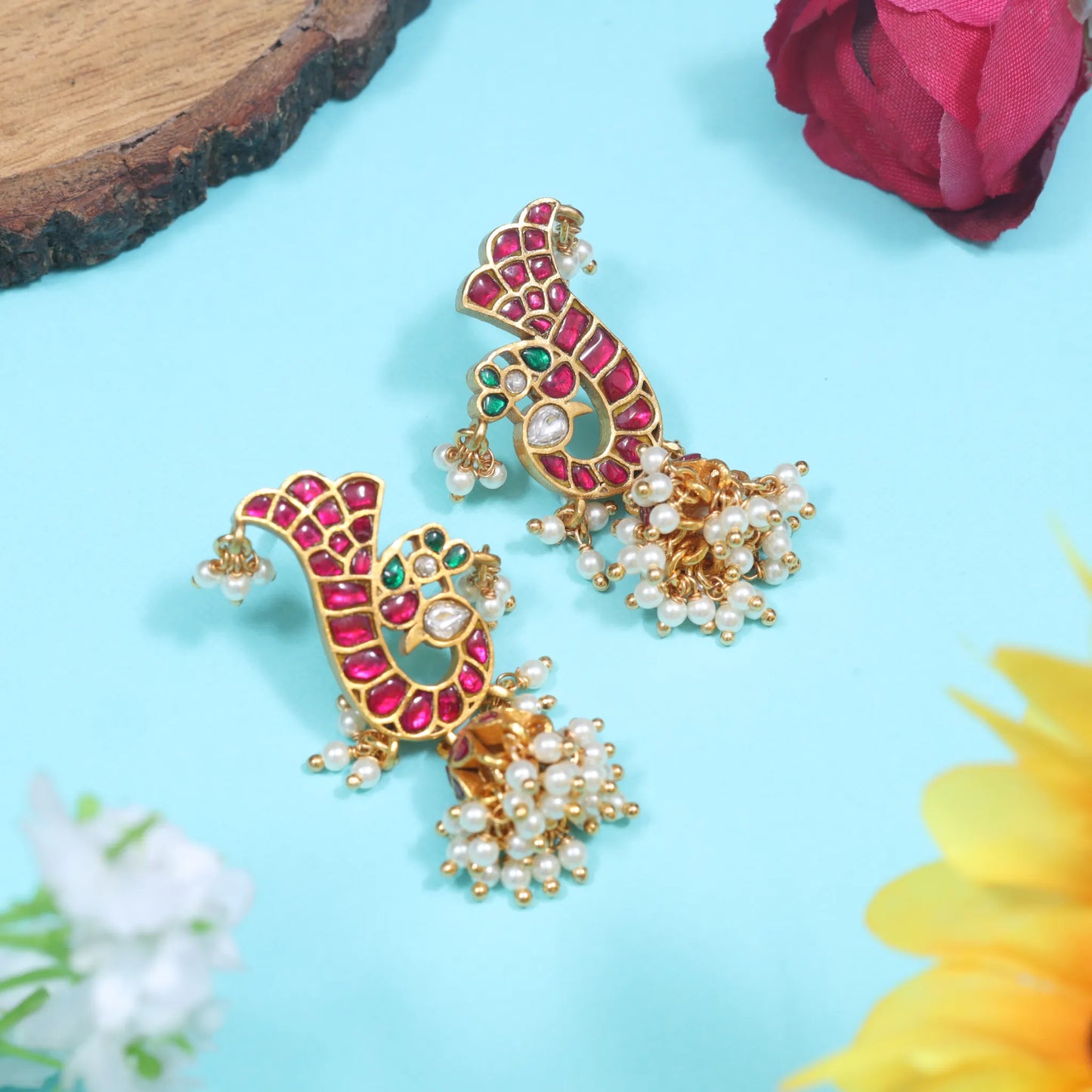 Peacock Motif Jadau Kundan Jhumka Earrings with Pearl Hangings