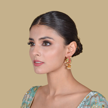 Peacock Motif Jadau Kundan Jhumka Earrings with Pearl Hangings