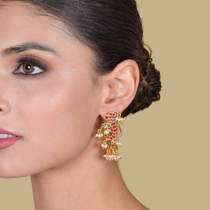 Peacock Motif Jadau Kundan Jhumka Earrings with Pearl Hangings