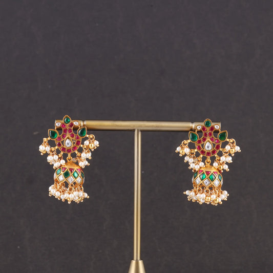 Real Jadau Kundan Floral Motif Jhumka Earrings with Pearls