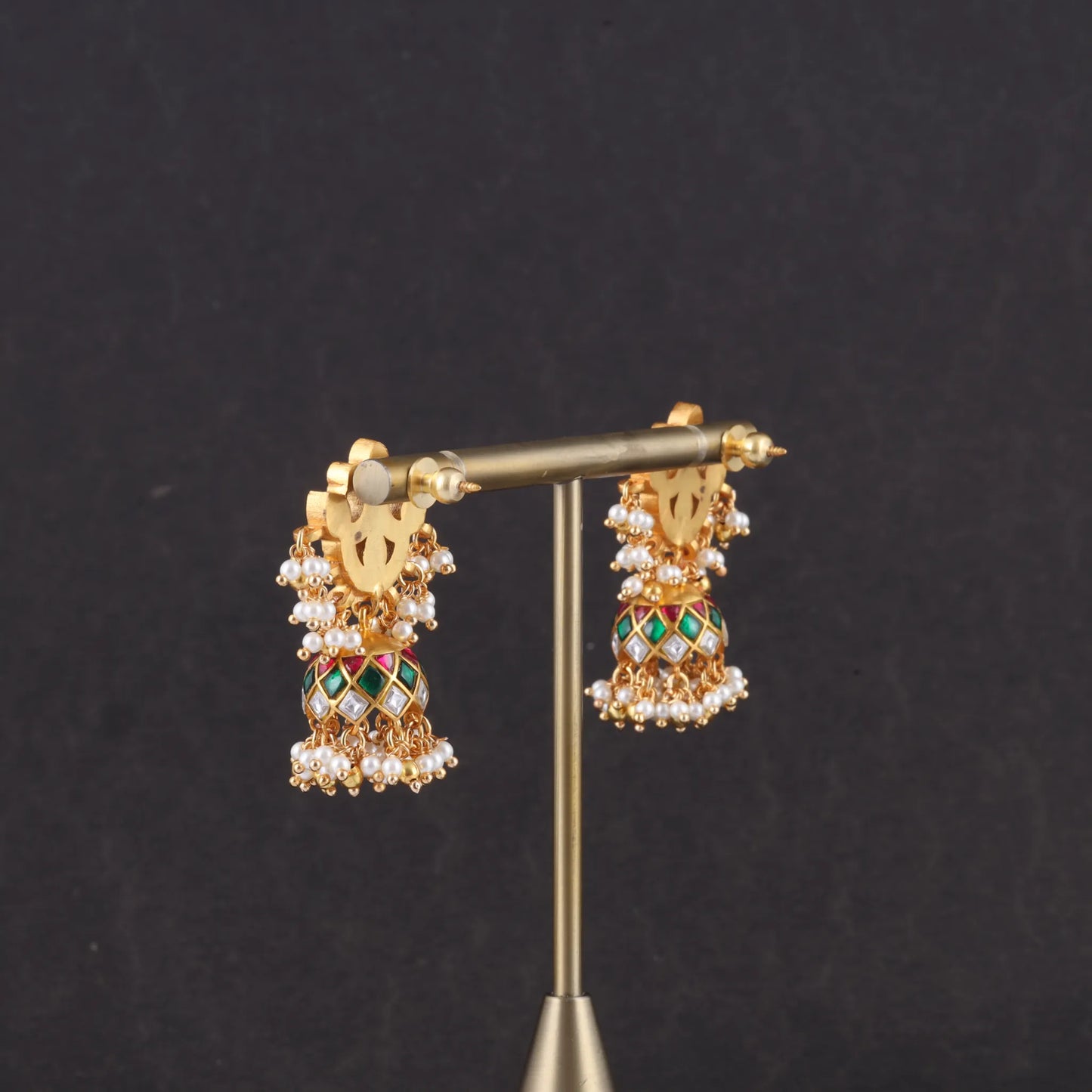 Real Jadau Kundan Floral Motif Jhumka Earrings with Pearls