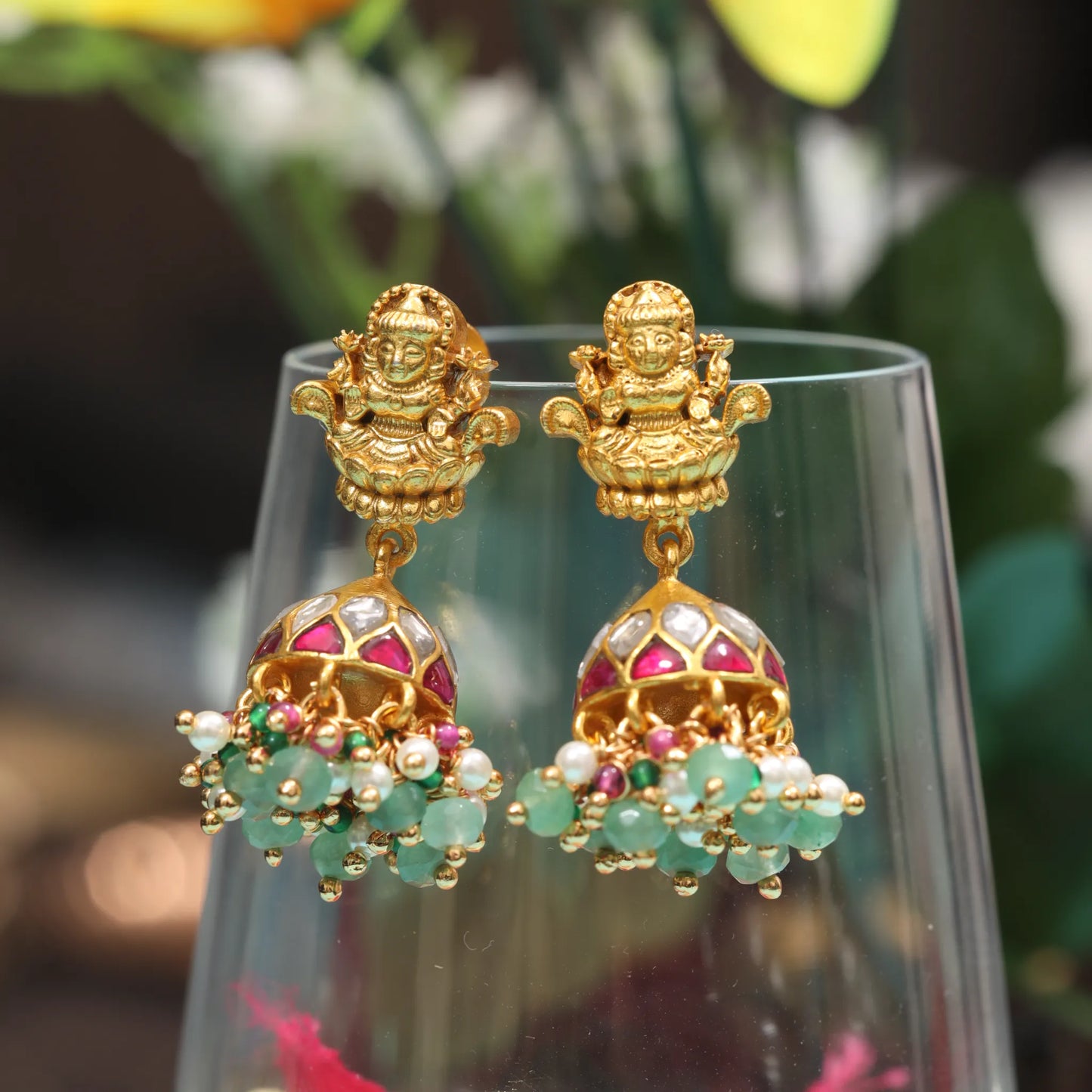 Traditional Lakshmi Jadau Kundan Small Jhumka Earrings with beads