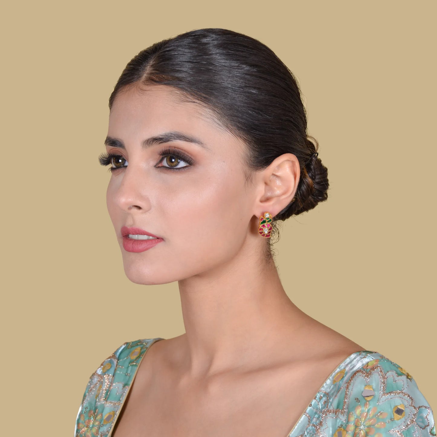 Peacock Mango Real Jadau Kundan Stud Earrings