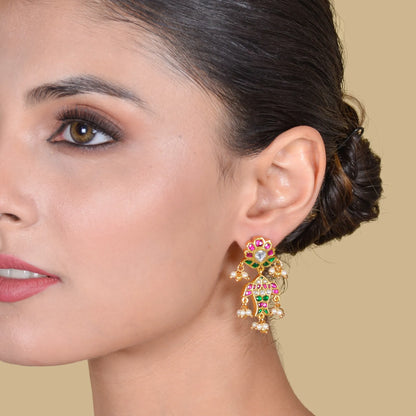 Classic Floral Fish Jadau Kundan Earrings with Pearl Hangings