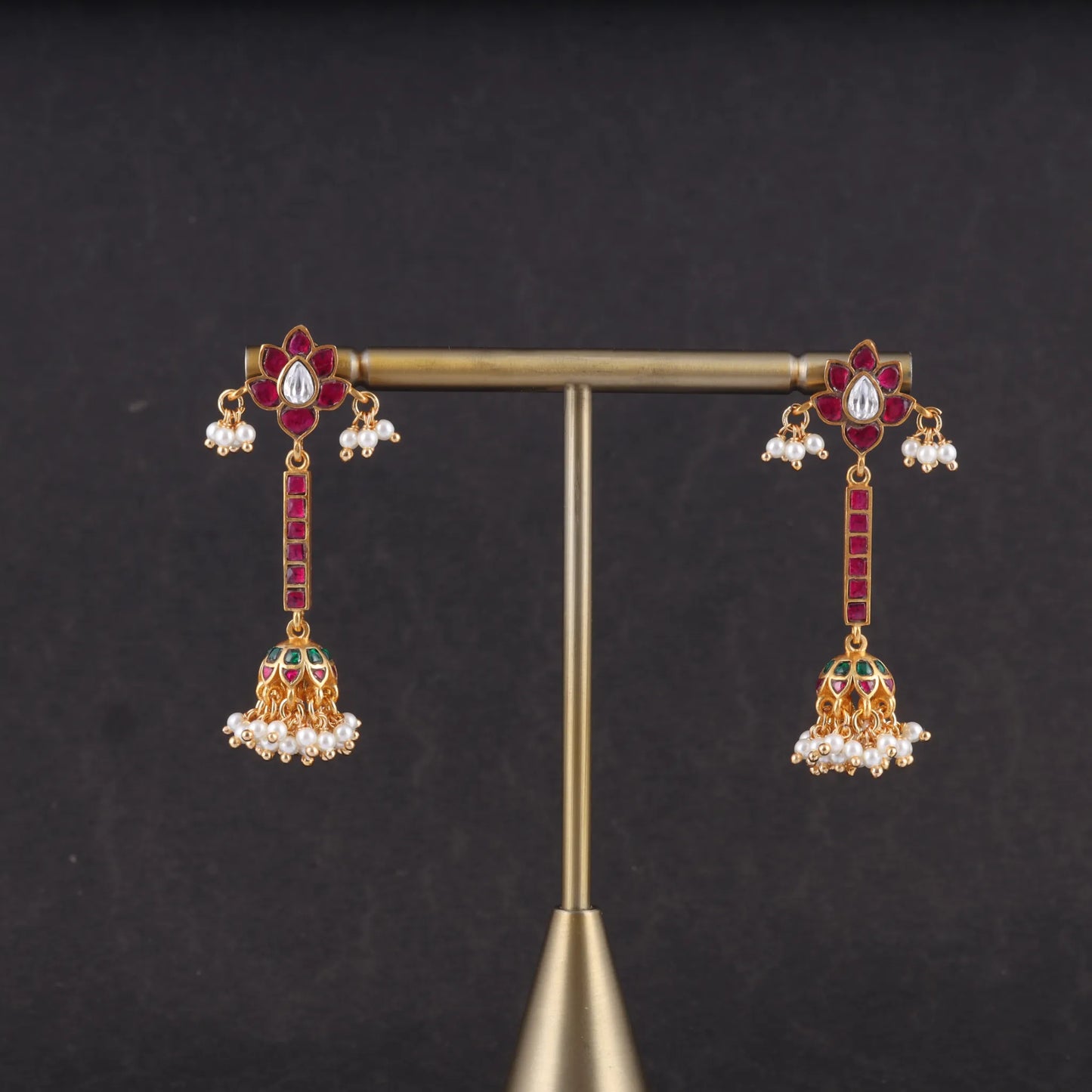 Simple Classic Long Floral Jadau Kundan Jhumka Earrings with Pearls