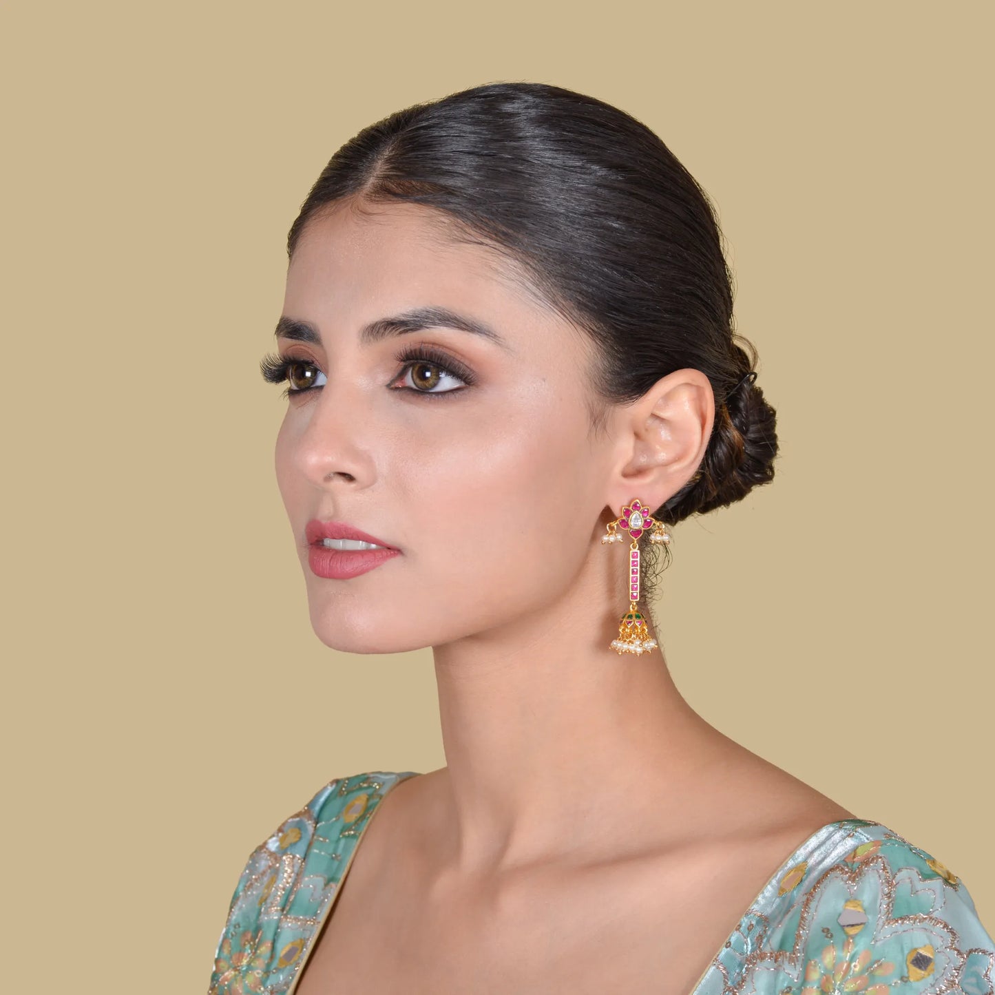 Simple Classic Long Floral Jadau Kundan Jhumka Earrings with Pearls