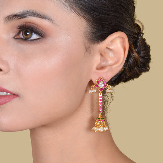 Simple Classic Long Floral Jadau Kundan Jhumka Earrings with Pearls