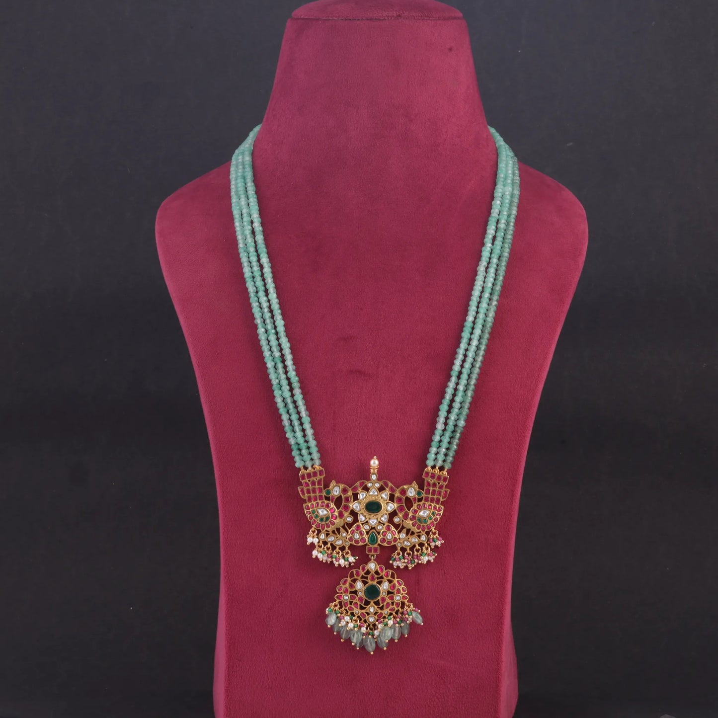 Beautiful and Classic Jadau Kundan Long Necklace with Green Emerald Beads Chain