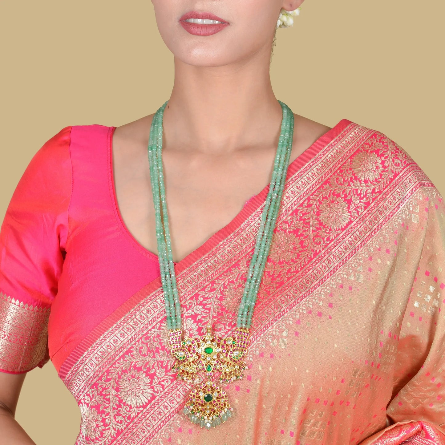 Beautiful and Classic Jadau Kundan Long Necklace with Green Emerald Beads Chain