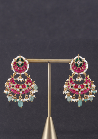 Dashing Designer Jadau Kundan Chandbali Earrings with Pearl and Green Beads Hangings